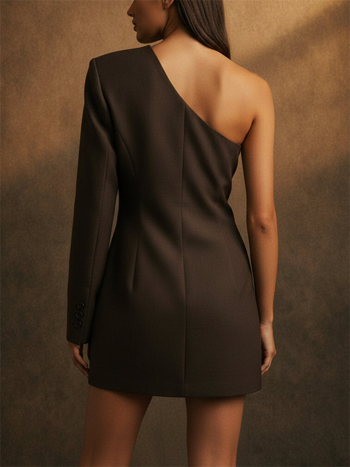 Women Coffee One Shoulder Single Breasted Asymmetrical Blazer