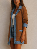 Womens Denim Patchwork Ribbed Knit Long Sleeve Casual Jacket