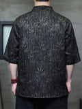 Men Chinese Style Short Sleeve V Neck Bamboo Print Shirt with Button Detail