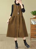 Women's Solid Color Round Neck Pockets Corduroy Vest Dress