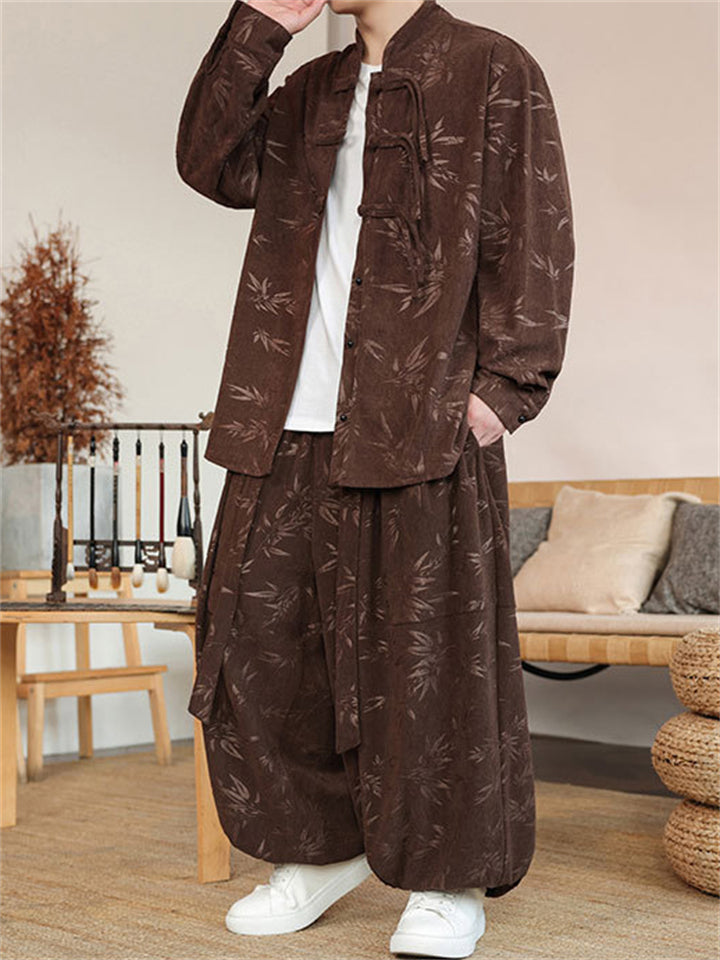 Oriental Corduroy Button Leaf Pattern Jacket  and Loose Drawstring Pants Set for Men