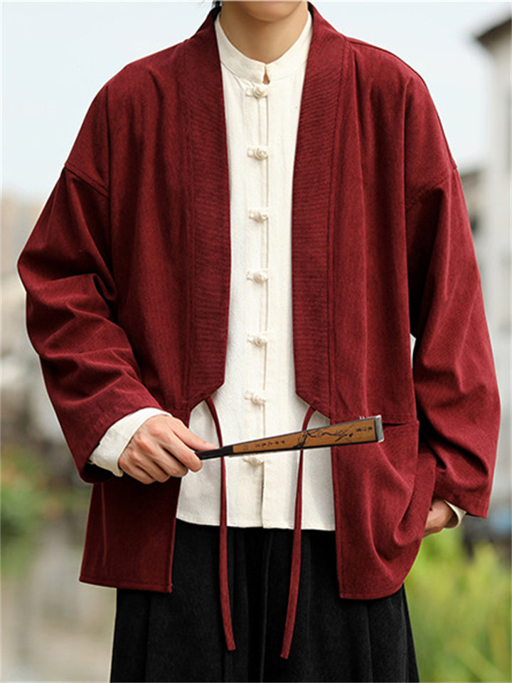 Men's Autumn Solid Color Corduroy Zen Style Lace Up Cardigan Jackets