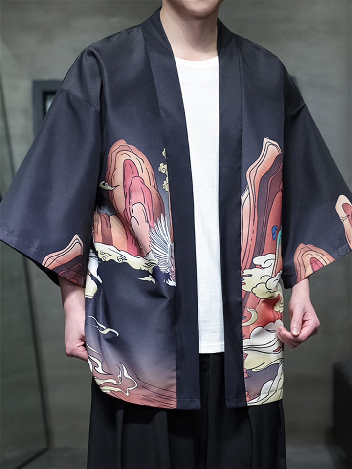 Chinese Vintage Chinoiserie Print Cardigan Shirt for Men