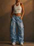 Women's Baggy Cargo Ripped Jeans Wide Leg Y2K Denim Pants