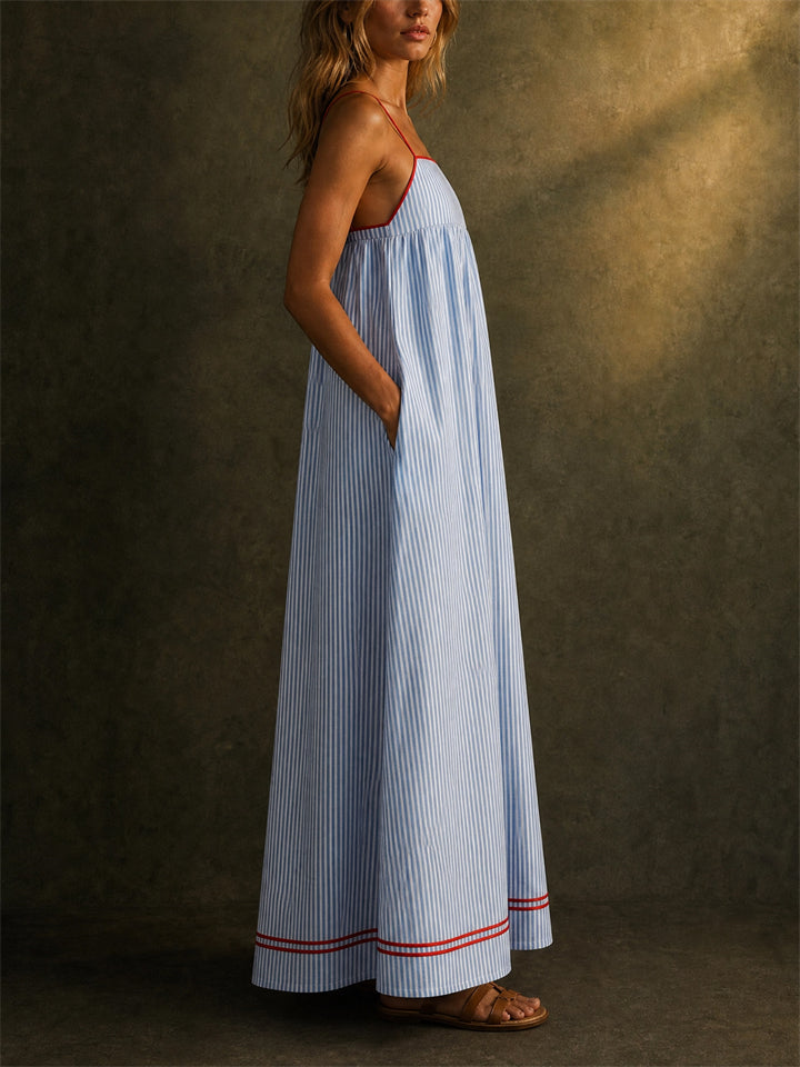 Women's Striped Maxi Sundress with Red Trim Pockets