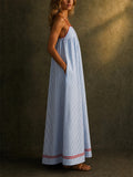 Women's Striped Maxi Sundress with Red Trim Pockets
