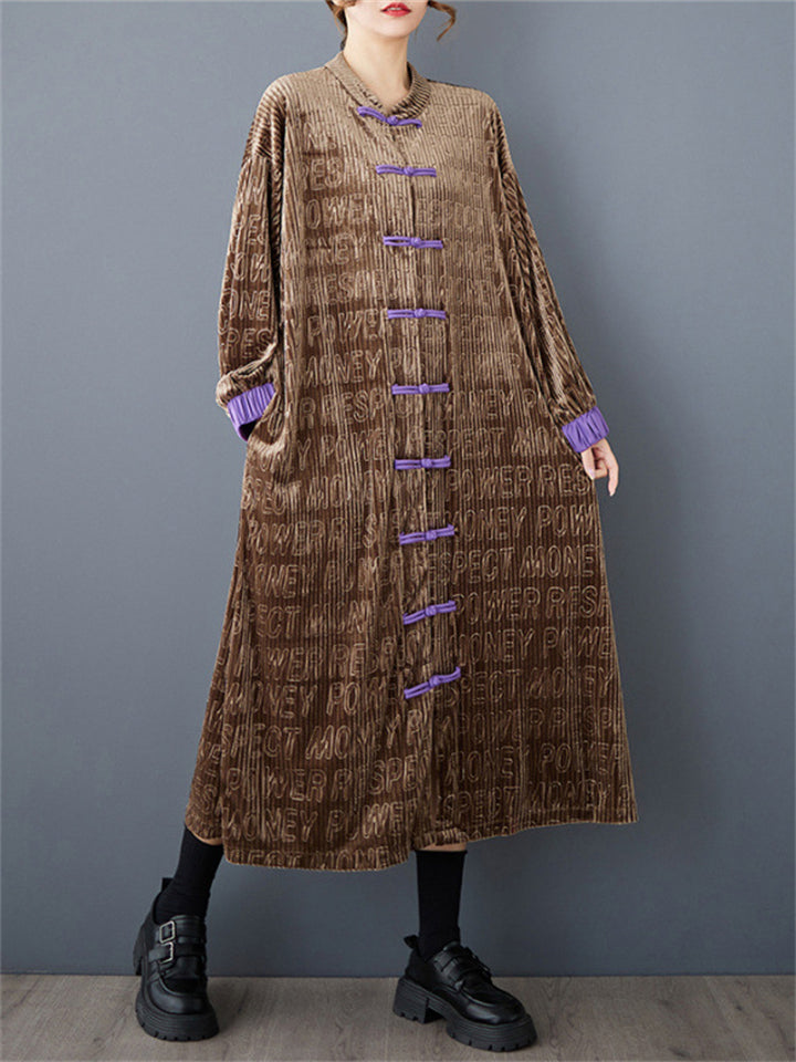 Women's Retro Brown Contrast Color Letter Print Long Coat