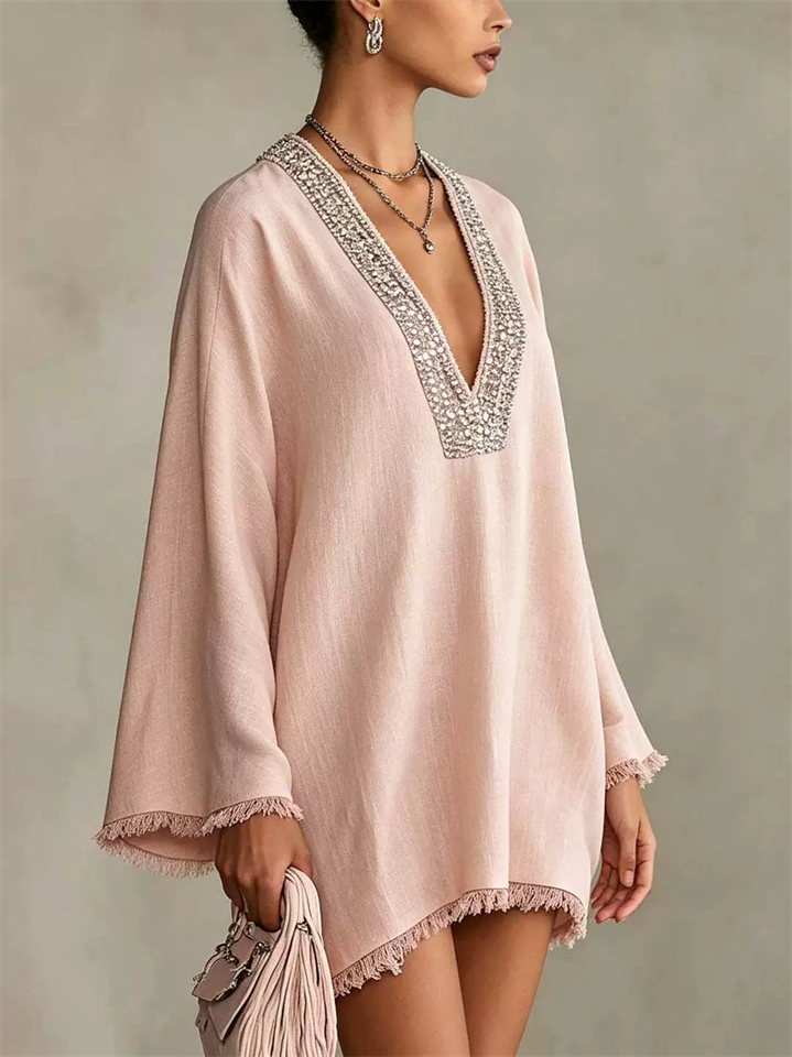 Womens Boho Holiday Style Pink V Neck Fringe Trim Tunic Mini Dress