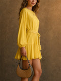 Women French Style Yellow Long Sleeve Braided Belt Tiered Mini Dress