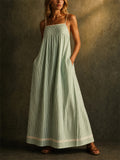 Women's Striped Maxi Sundress with Red Trim Pockets