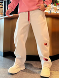 Men's Fleece-Lined Heart Embroidered Regular Fit Casual Pants