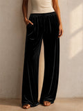 Women Velvet Wide Leg Pants Drawstring High Waist Casual Trousers