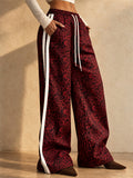 Women Leopard Print Wide Leg Pants Drawstring Side Stripe Trousers