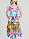 Women's Summer Holiday Style Print Strappy Midi Dress