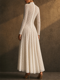 Women White Mock Neck Geometric Lace Long Sleeve Maxi Dress