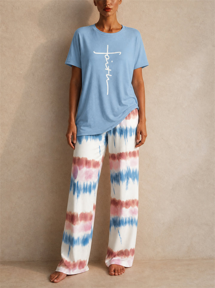 Women Tie Dye Lounge Set Short Sleeve Top Wide Leg Pants