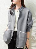 Women's Casual Stand Collar Contrast Trim Cardigan Jacket