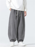Chinese Style Drawstring Corduroy Wide Leg Pants for Men with Elastic Waist