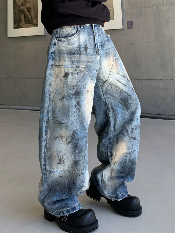 Men's Vintage Streetwear Distressed Hip Hop Wash Baggy Scimitar Jeans
