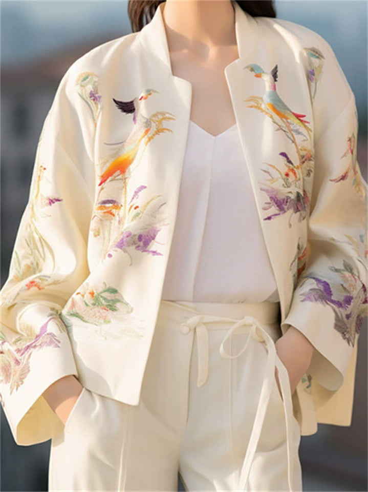 Fashion Oriental Women's Pinted Stand Collar White Jacket