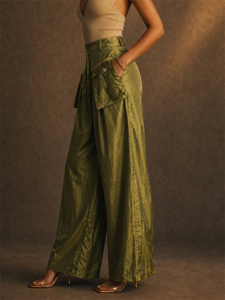 Women Metallic High Waist Cargo Wide Leg Pants with Pockets