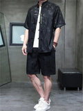 Men's 2Pcs Summer Bamboo Jacquard Stand Collar Short Sleeve Solid Color Outfits