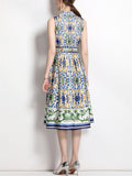 Women's Elegant Lapel Print Tie-waist Midi Dress