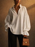 Women White V Neck Ruffle Collar Lantern Sleeve Loose Blouse