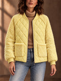 Women Fleece Quilted Jacket Zip Up Bomber Coat with Pockets