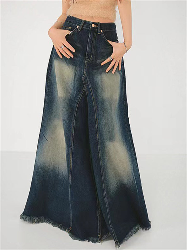 Women's Distressed Contrast Color A-Line Denim Skirt