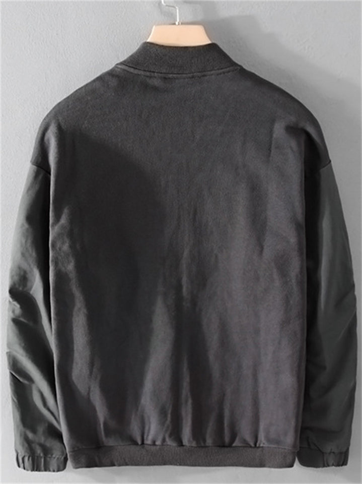 Casual Cotton Solid Color Pockets Baseball Collar Jacket for Men