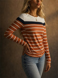 Women Color Block Striped Long Sleeve Crew Neck T Shirts