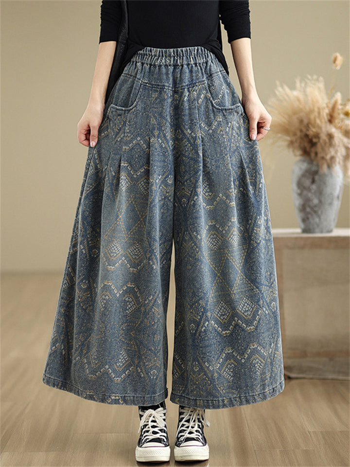Women's Casual Print Wide Leg Cropped Jeans