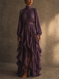 Womens Boho Chiffon Ruffle High Neck Long Sleeve Maxi Dress