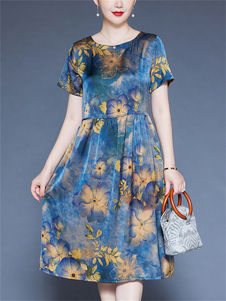 Women's Loose  Floral Print O-neck Short Sleeve Dress