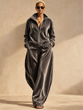 Women Velvet Two Piece Zip Up Top Wide Leg Pants Tracksuit