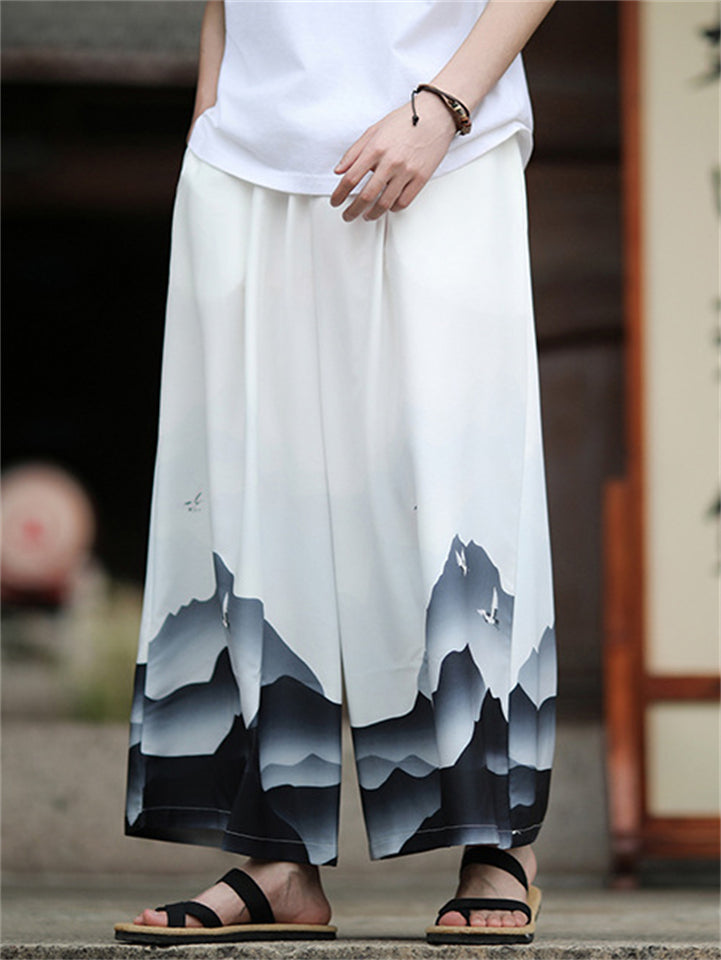 Men's Chinese Vintage Style Ink Landscape Print Loose Fit Wide Leg Pants