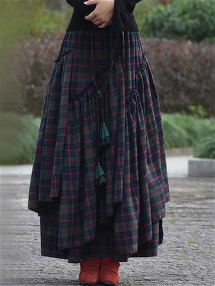 Women's Green Contrast Color Plaid Asymmetric Skirts