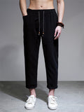 Men's Retro Ramine Solid Color Drawstring Straight Cropped Pants