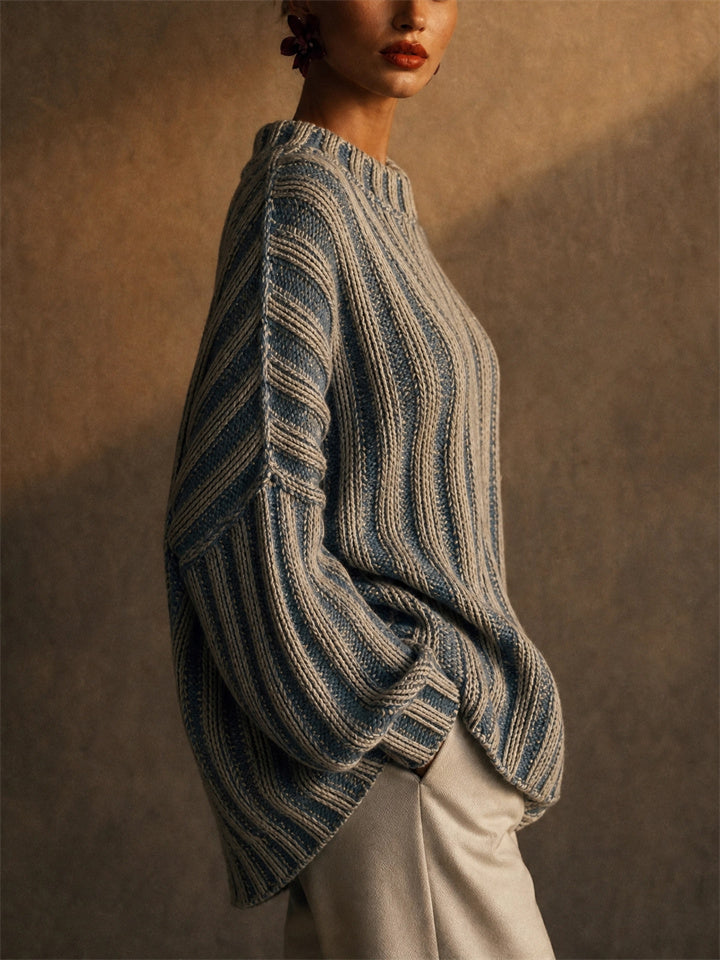 Womens Color Block Striped Ribbed Knit Oversized Pullover Sweater
