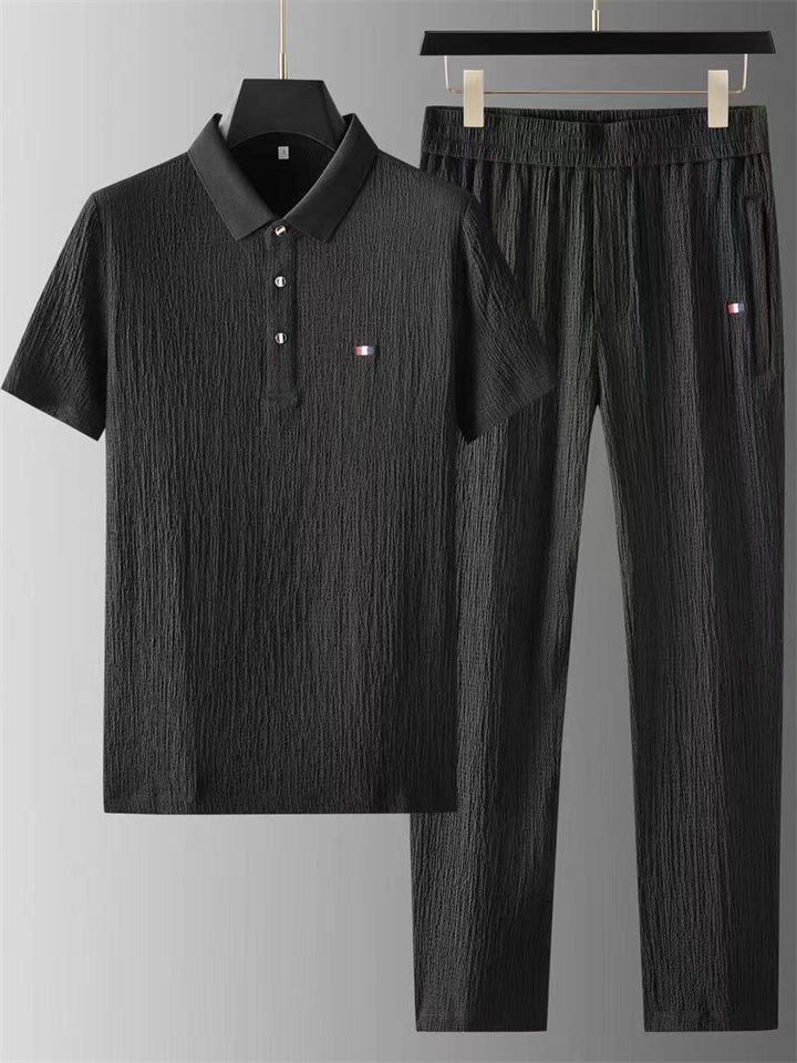 Men's 2Pcs Cool Texture Polo Collar Short Sleeve Solid Color Outfits