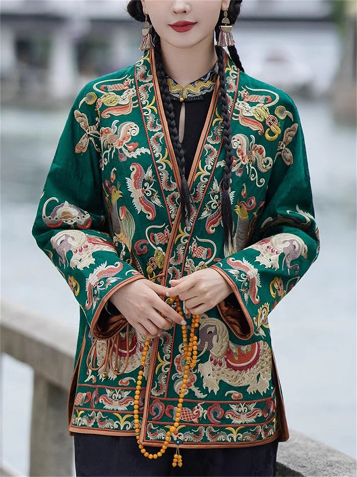 Women's Ethnic Style Totem Embroidered Lace Up Cardigan Jacket