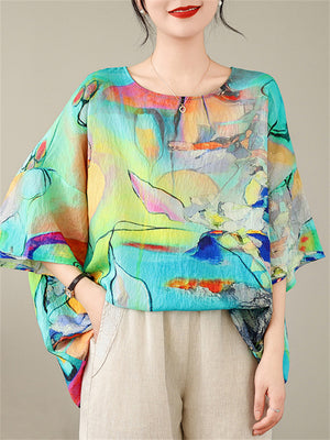 Women's Extra Loose Multicolor Print Short Sleeve Shirt