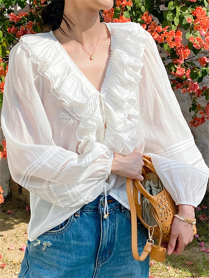 French Style Women's Ruffled V-Neck Tencel Long Sleeve Shirt