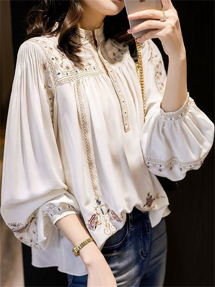 Women's Comfy Stand Collar Long Sleeve Print Boho Shirt