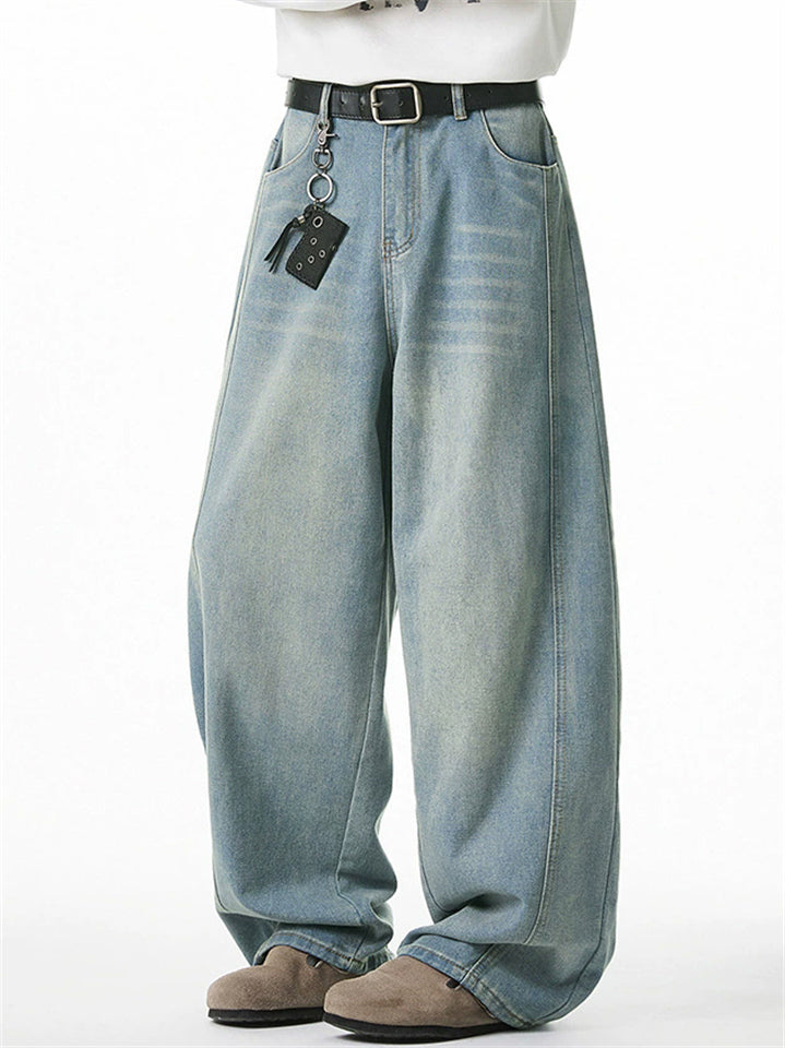 ‌Men's American Style Loose Fit Vintage Washed Whisker Denim Pants