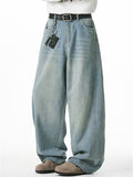 ‌Men's American Style Loose Fit Vintage Washed Whisker Denim Pants