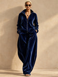 Women Velvet Two Piece Zip Up Top Wide Leg Pants Tracksuit