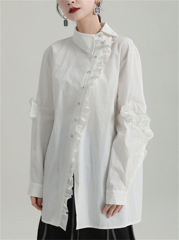 Women's Long Sleeve Asymmetric Collar Ruffled Trim Suit Shirts