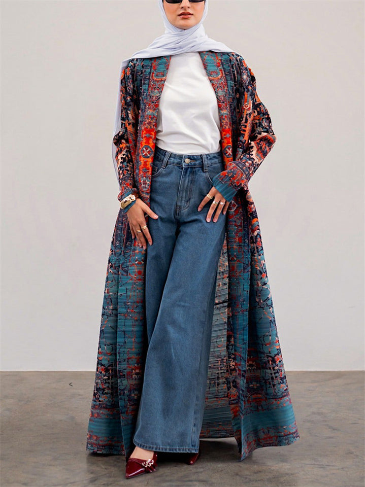 Women's Print Pleated Long Sleeve Cardigan Coat